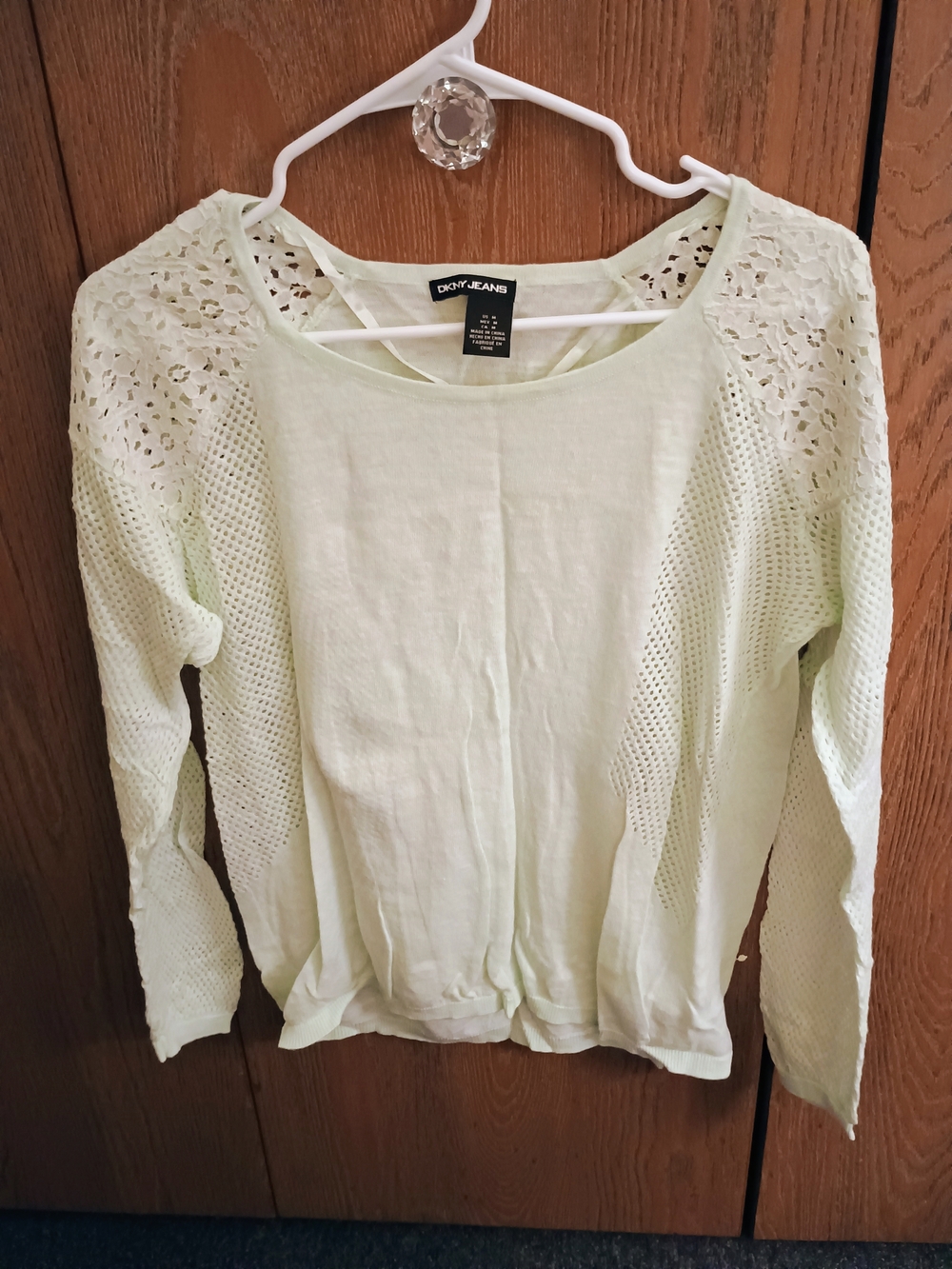 DKNY Women's Pastel Mint Green Crochet Sleeve Top